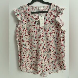 Snowflake Floral Ruffle Sleeve Blouse – White with Red & Blue Flowers – Size S
